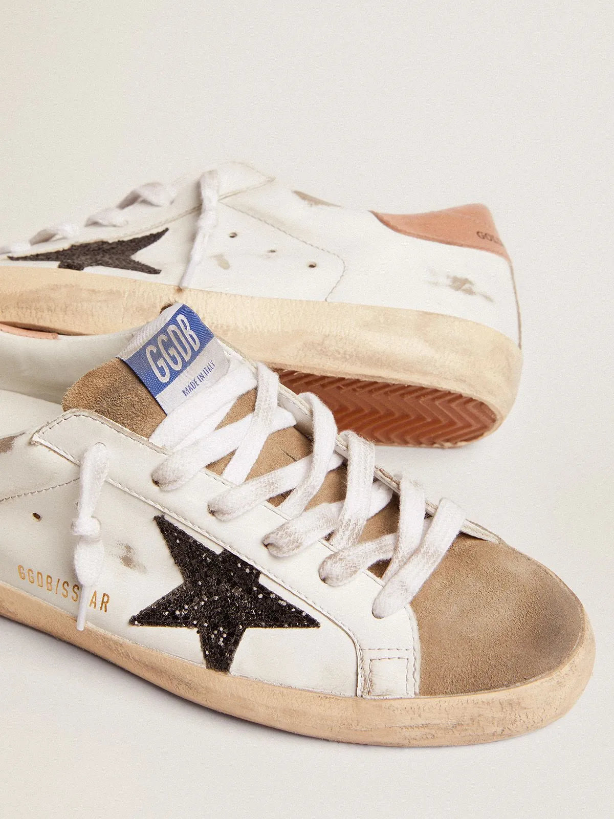 Super-Star sneakers with black glitter star and old-rose leather heel tab