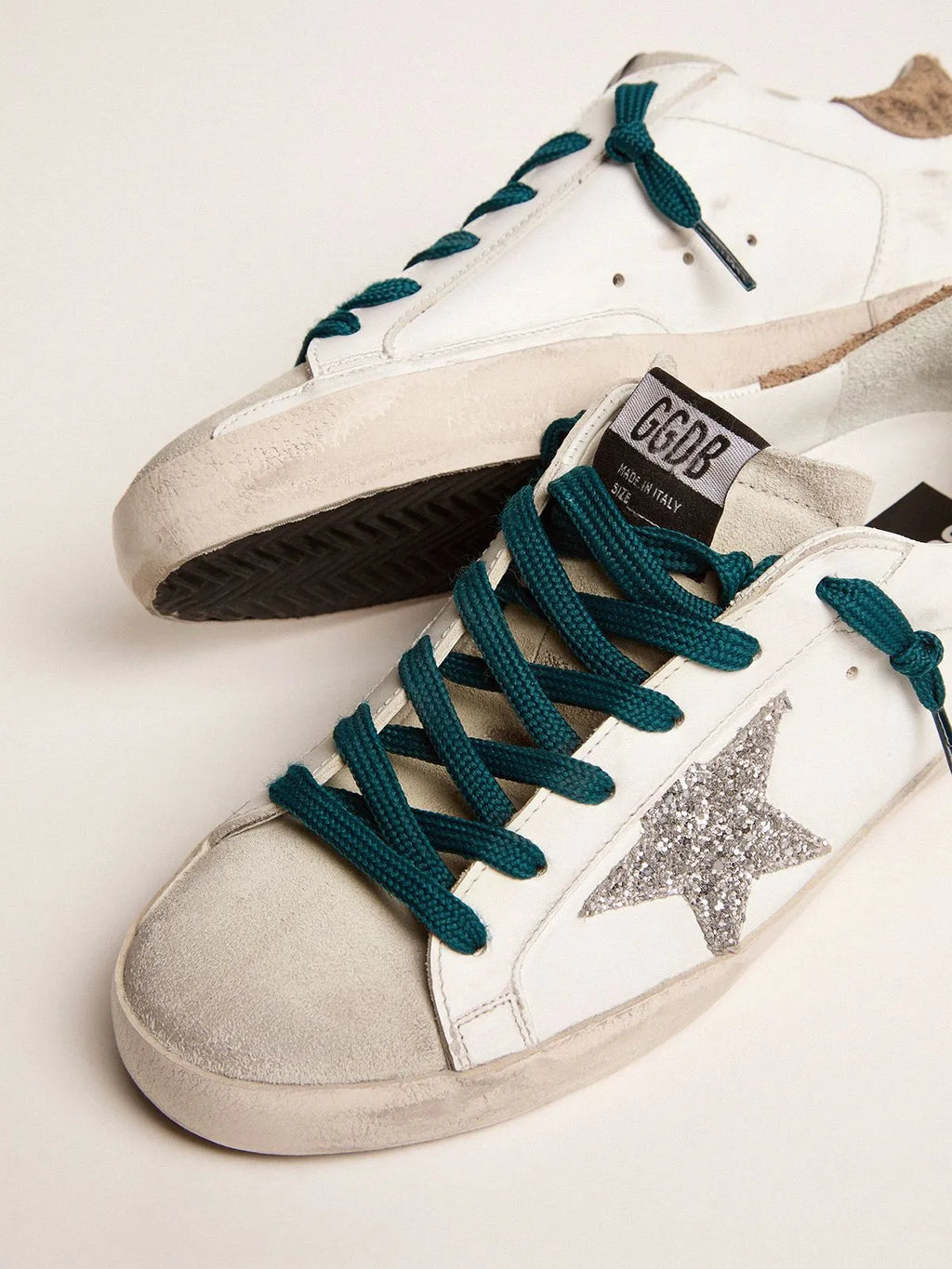 Super-Star sneakers with silver glitter star and leopard-print suede heel tab