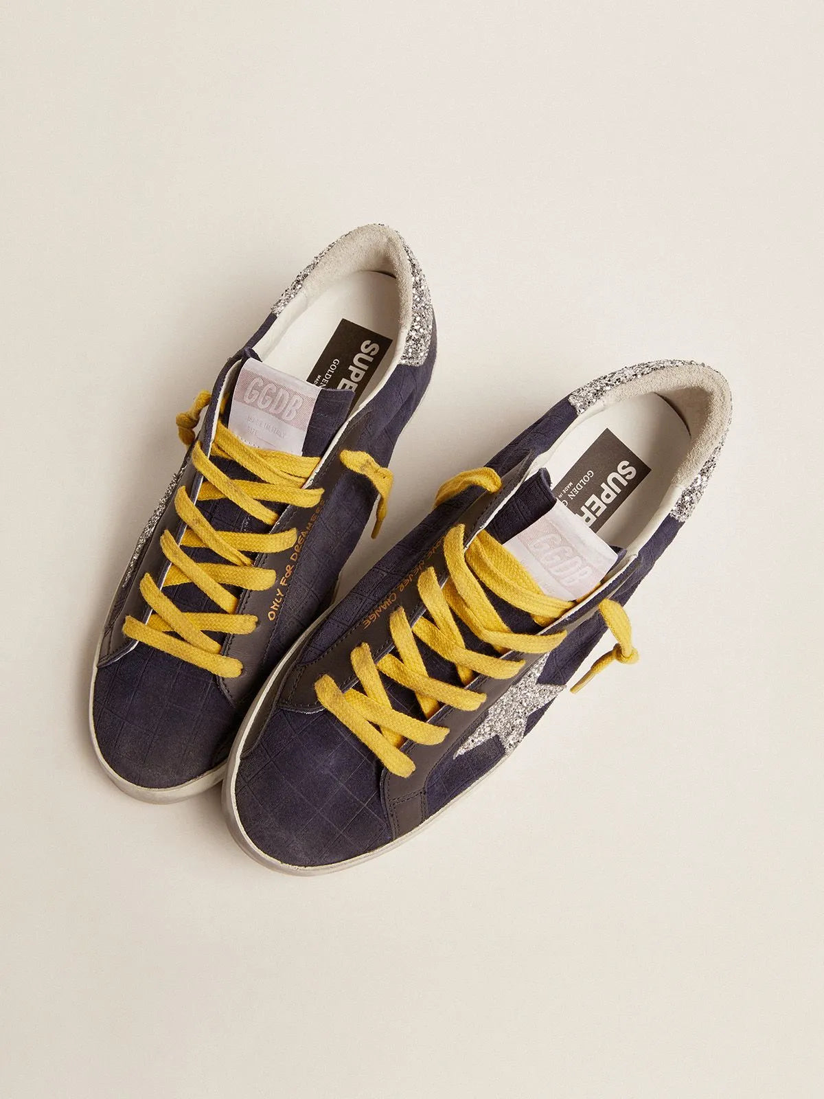 Super-Star sneakers in dark blue suede with checkered pattern and silver glitter details