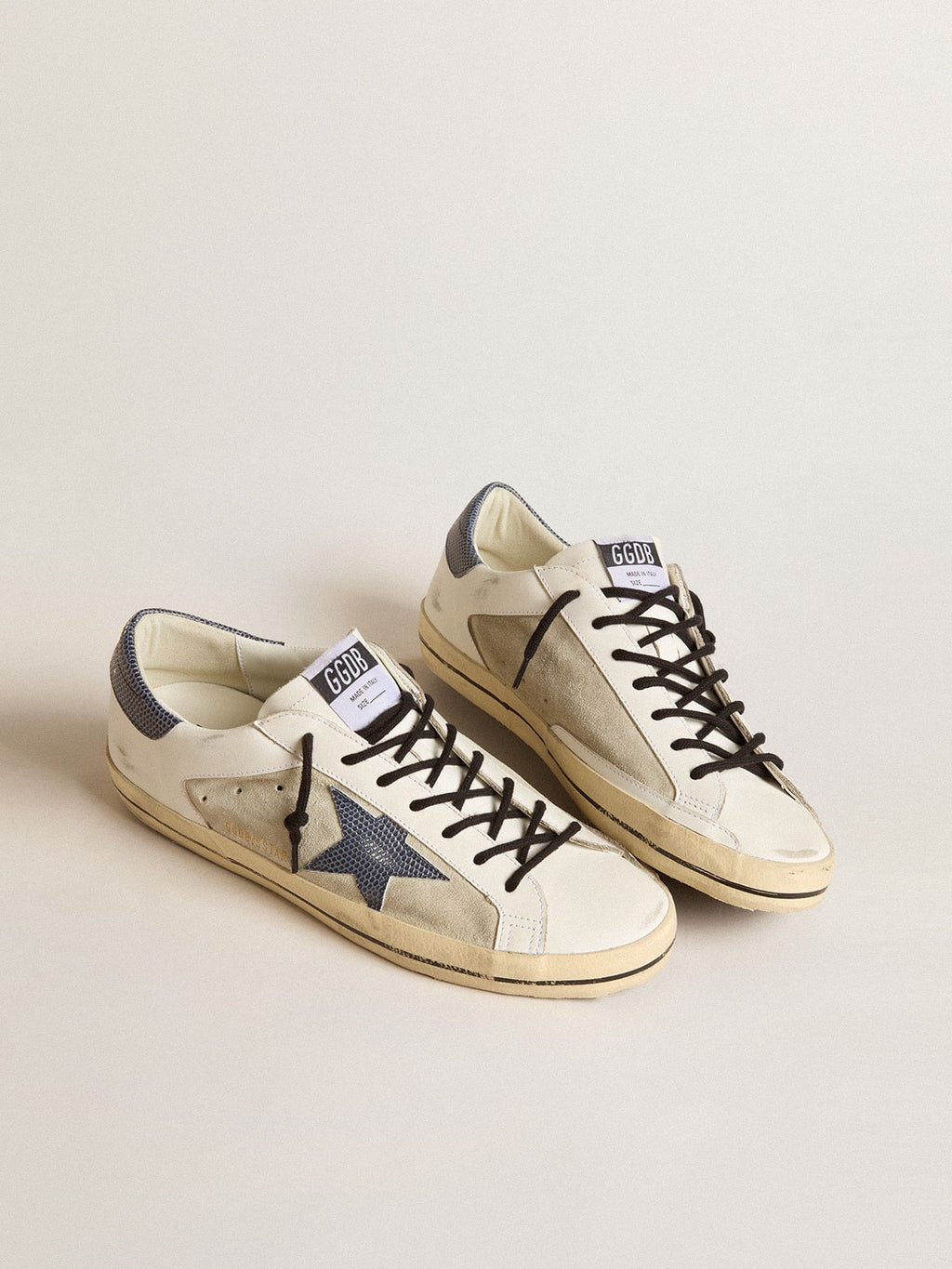 Super-Star in leather and suede with blue lizard-print leather star