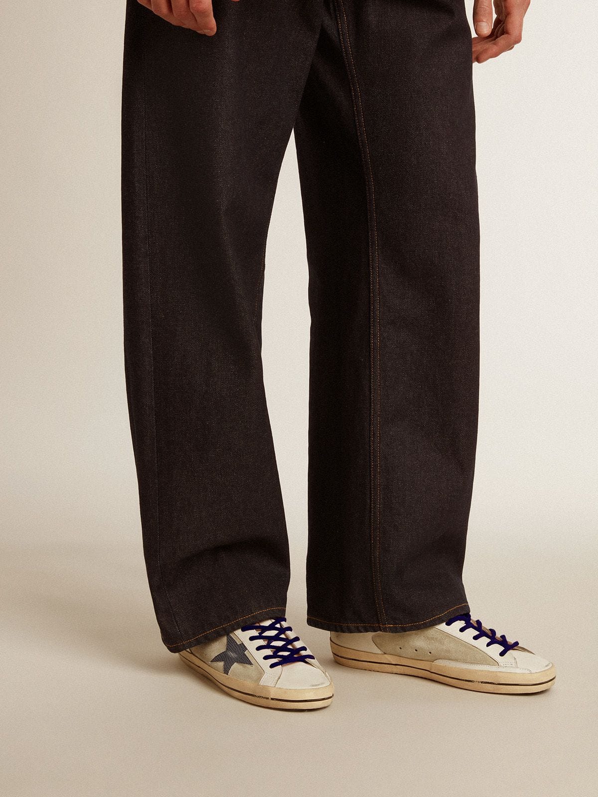 Super-Star in leather and suede with blue lizard-print leather star