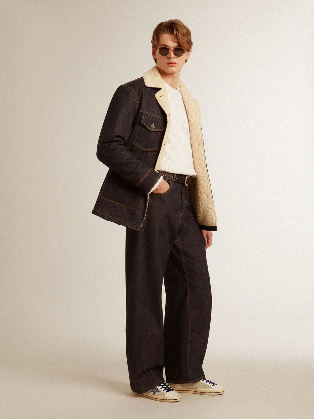 Super-Star in leather and suede with blue lizard-print leather star