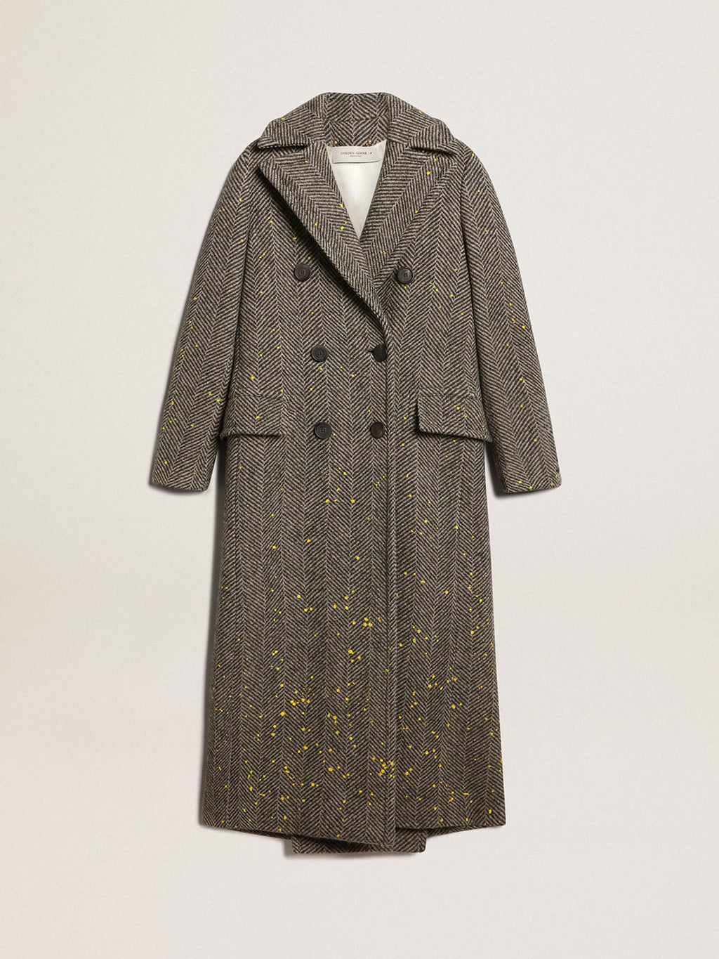 Women's long herringbone coat with yellow details
