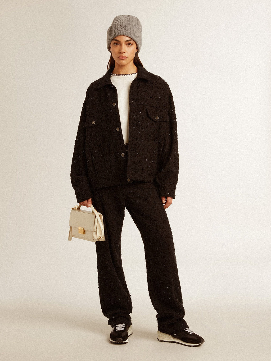 Women's black denim jacket with embroidery