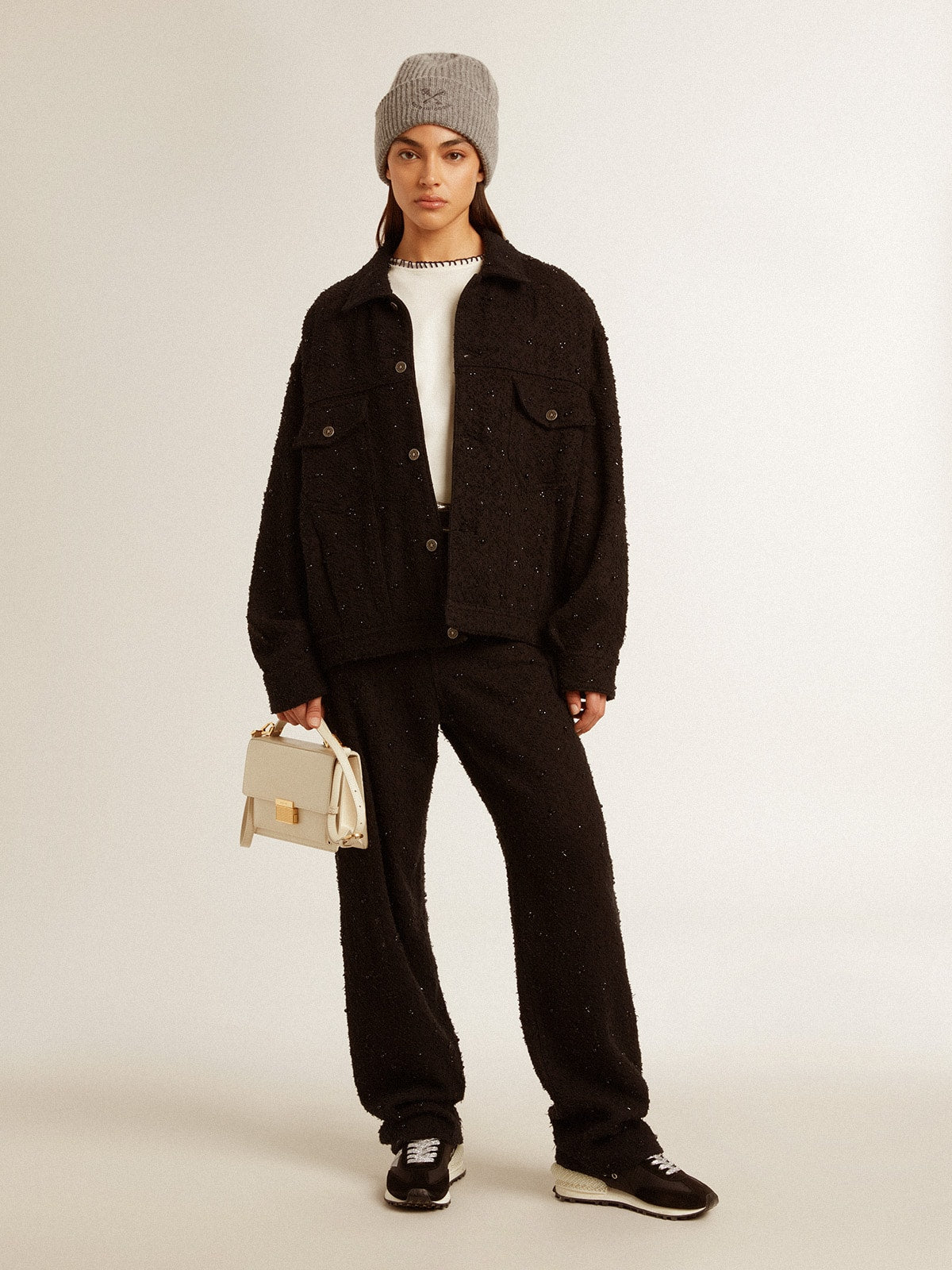 Women's black denim jacket with embroidery