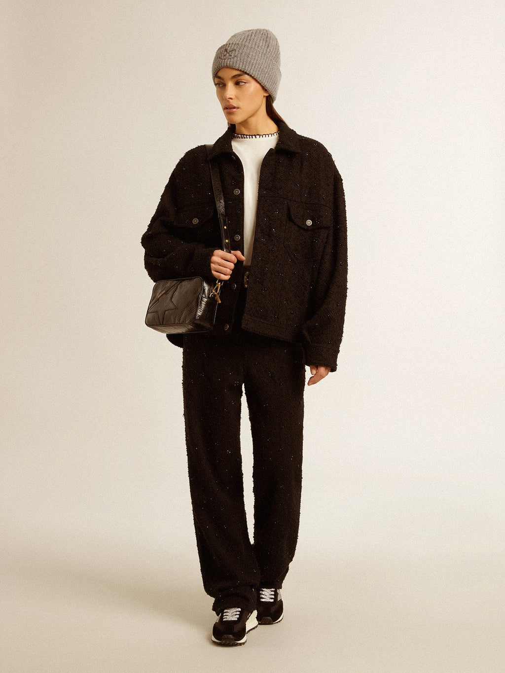 Women's black denim jacket with embroidery