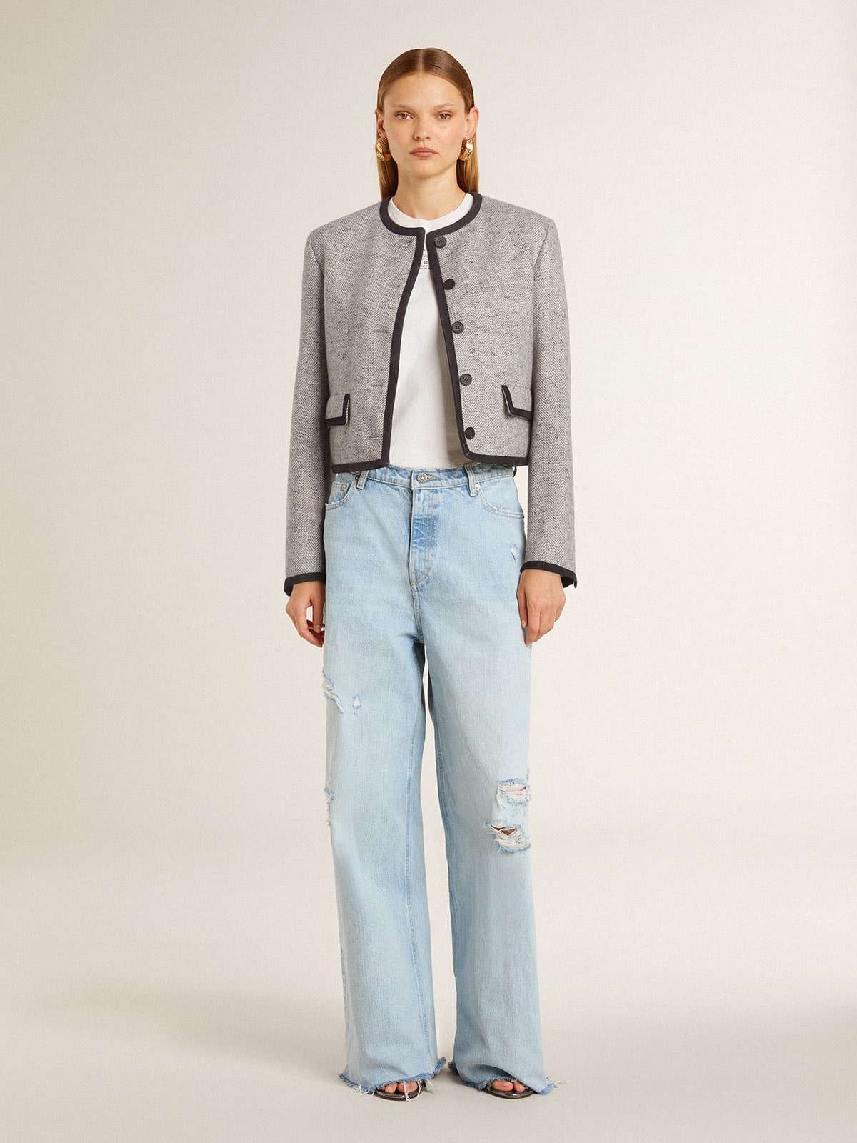 Women's grey wool and silk jacket with black suede trim