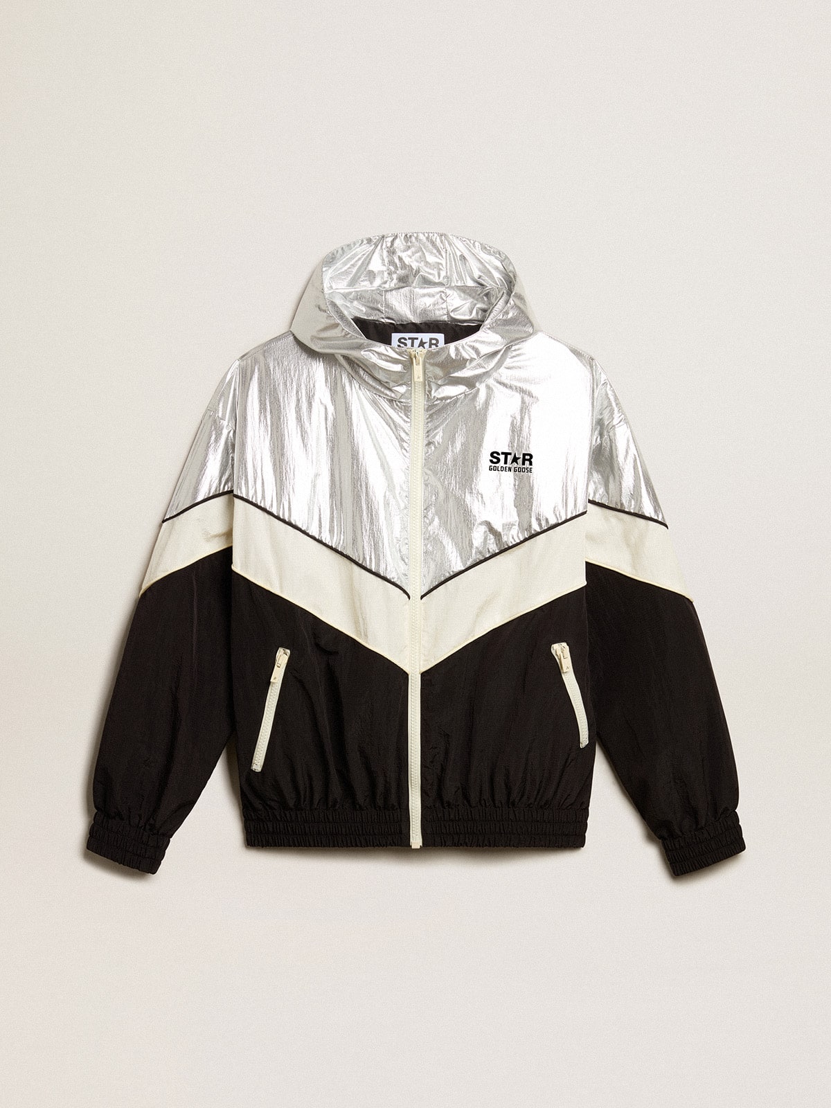 Women's windcheater in silver and black technical fabric