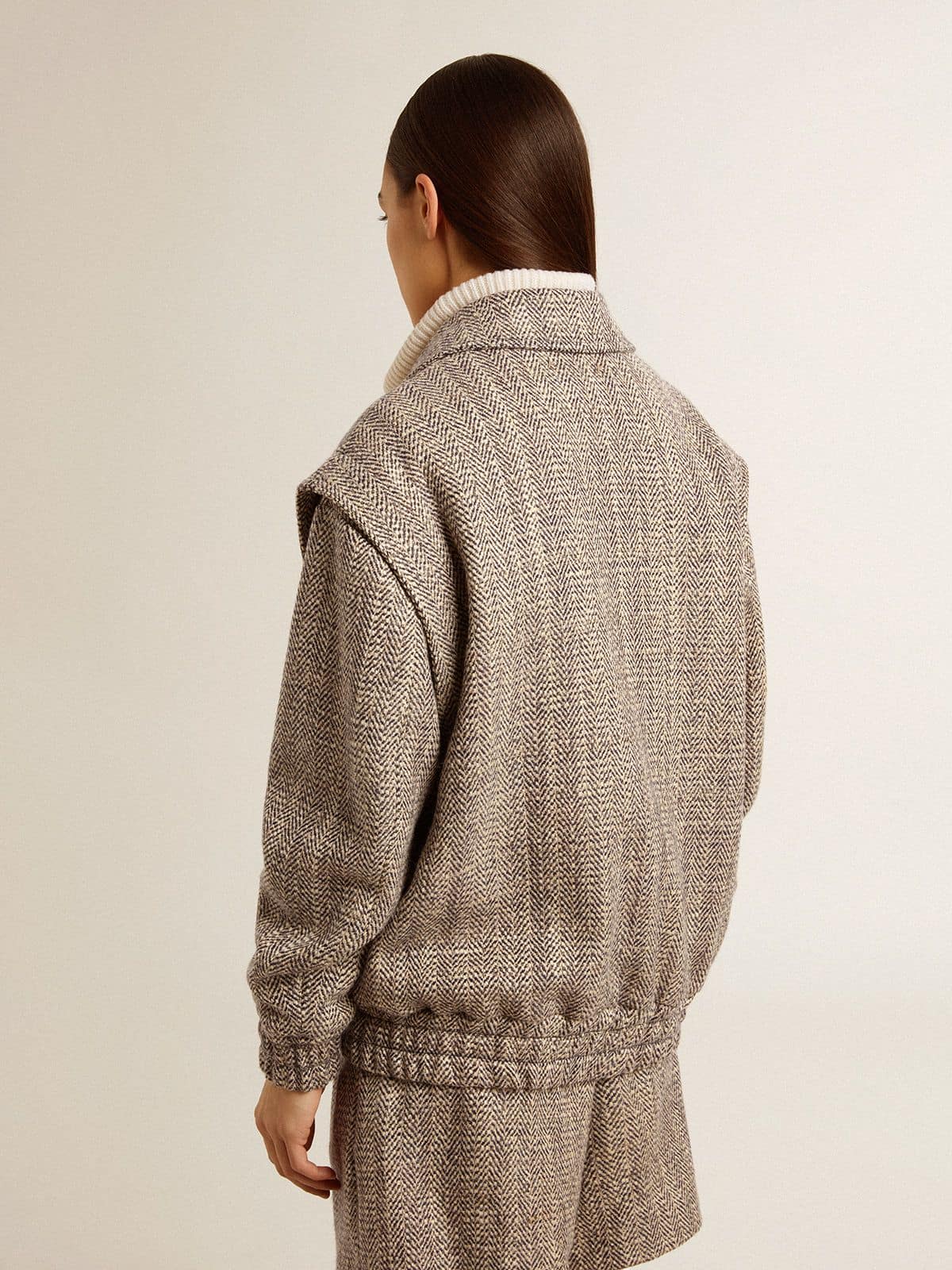 Women's bomber jacket in ecru brown herringbone wool