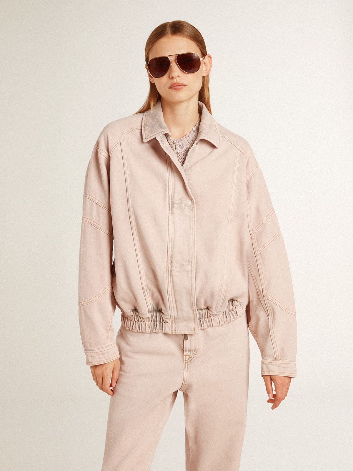 Women's pink dyed denim bomber jacket