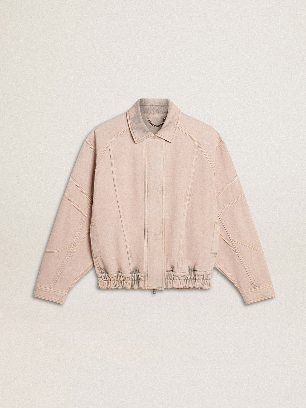 Women's pink dyed denim bomber jacket