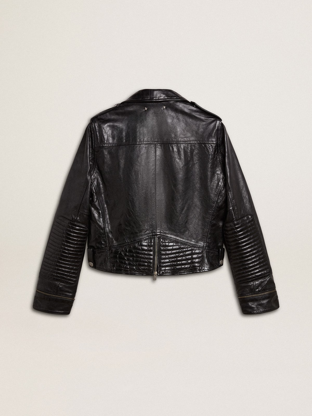 Women's black leather biker jacket with glossy effect