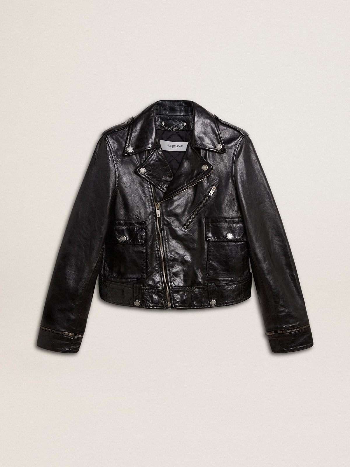 Women's black leather biker jacket with glossy effect