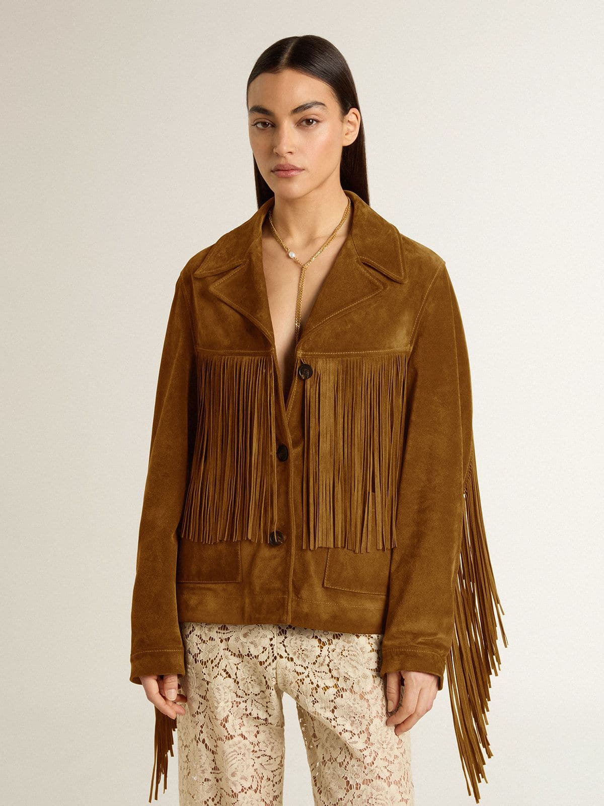 Women's tobacco-colored suede jacket women with fringes