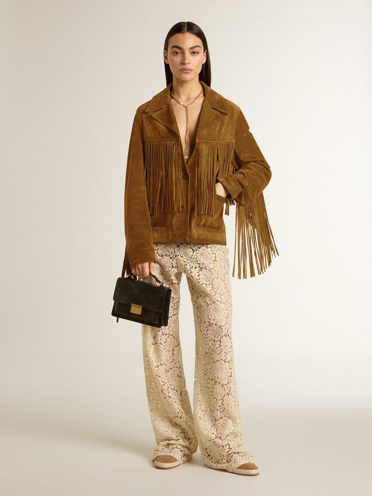 Women's tobacco-colored suede jacket women with fringes